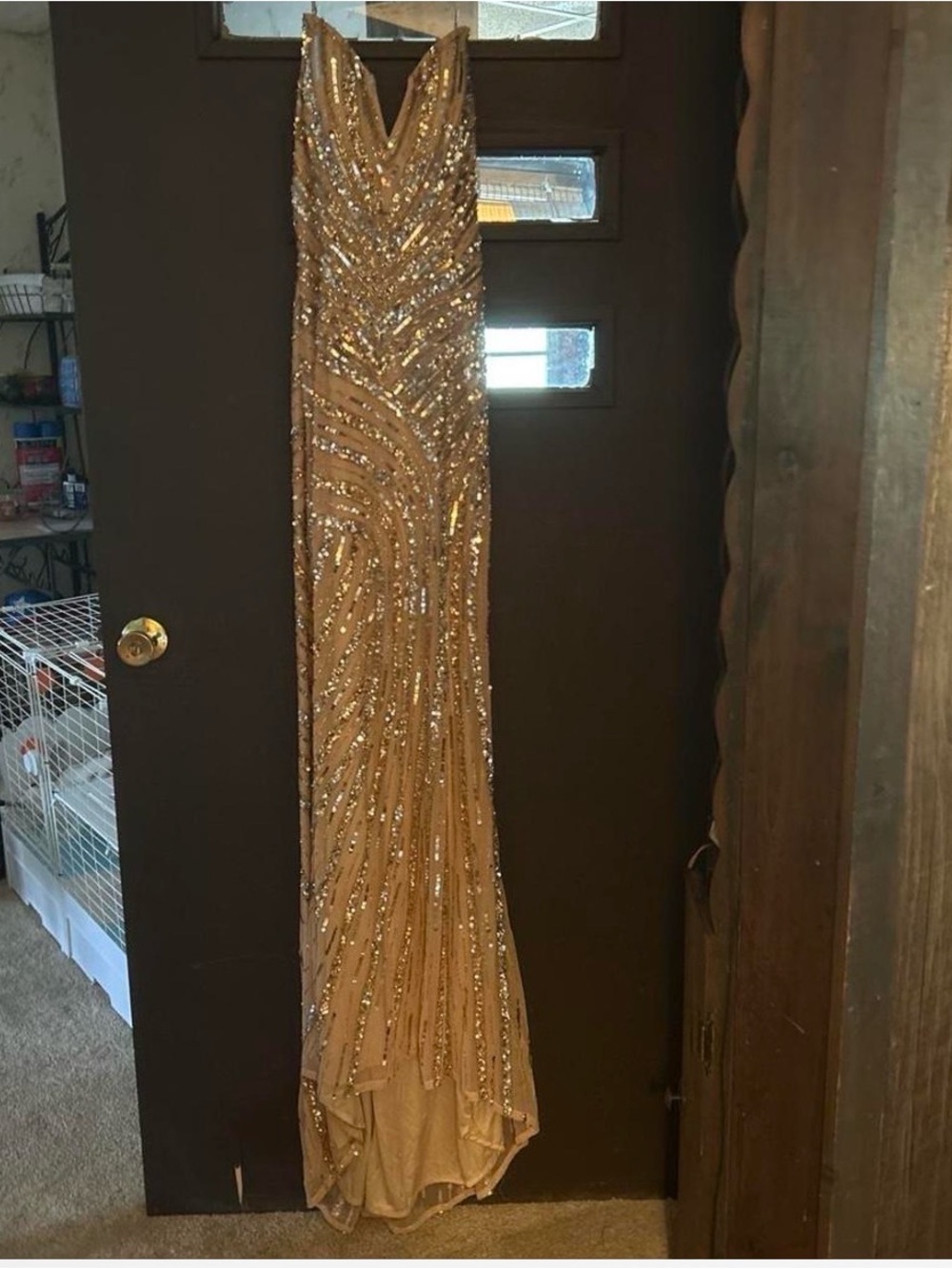 Alyce Paris Champagne Sequin Strapless Evening Gown